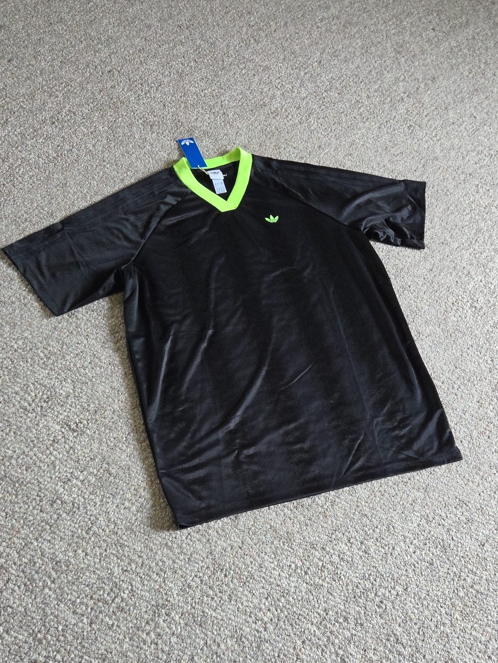 New Adidas Black Short-Sleeve Tee with Neon Green V-Neck.
